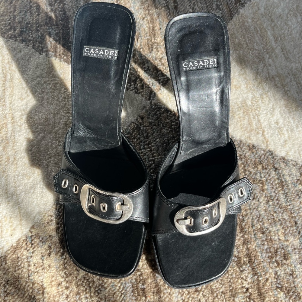 Casadei Black Leather Heels with Silver Buckle